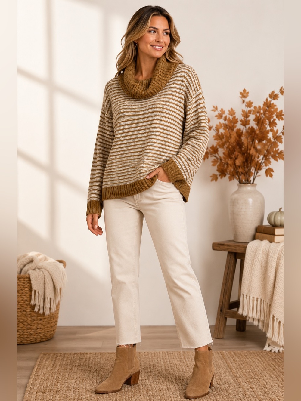 Norton Studio Striped‎ Cowl Neck Sweater XL Camel Ivory Cozy
